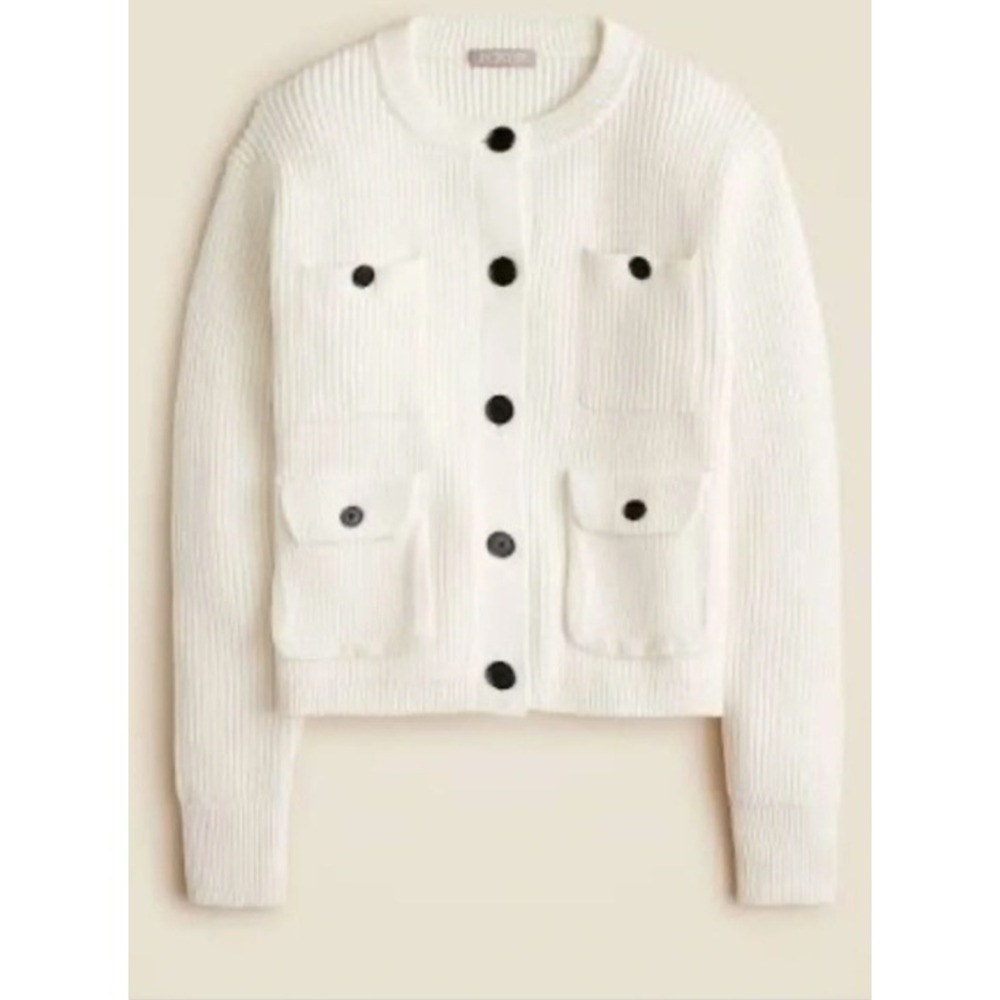 J.Crew Womens Ribbed Cotton Blend Button Front Utility Cardigan Sweater Ivory S